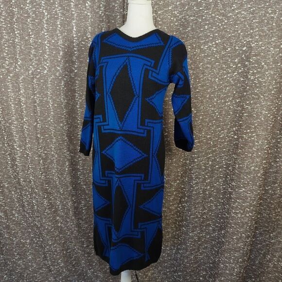 Vintage Body Heat Blue/Black Geometric‎ Sweater Dress Women's S/M - Picture 6 of 7